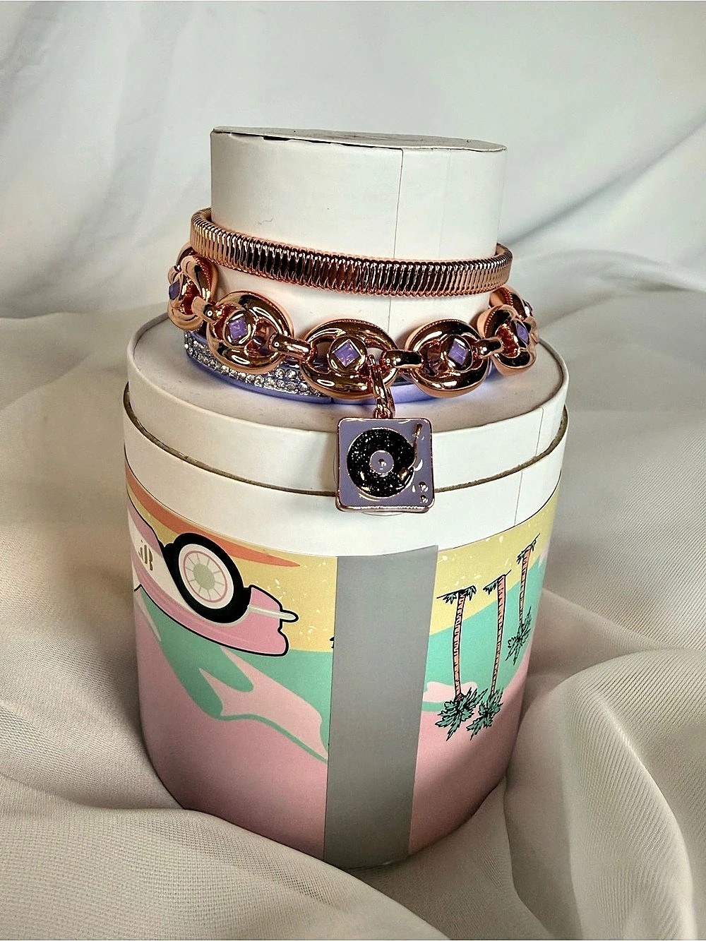 Periwinkle playback Record Player Charm Bracelet Set Rose Gold & Purple